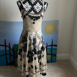 Johnny Was Beige and Black Floral Midi Dress